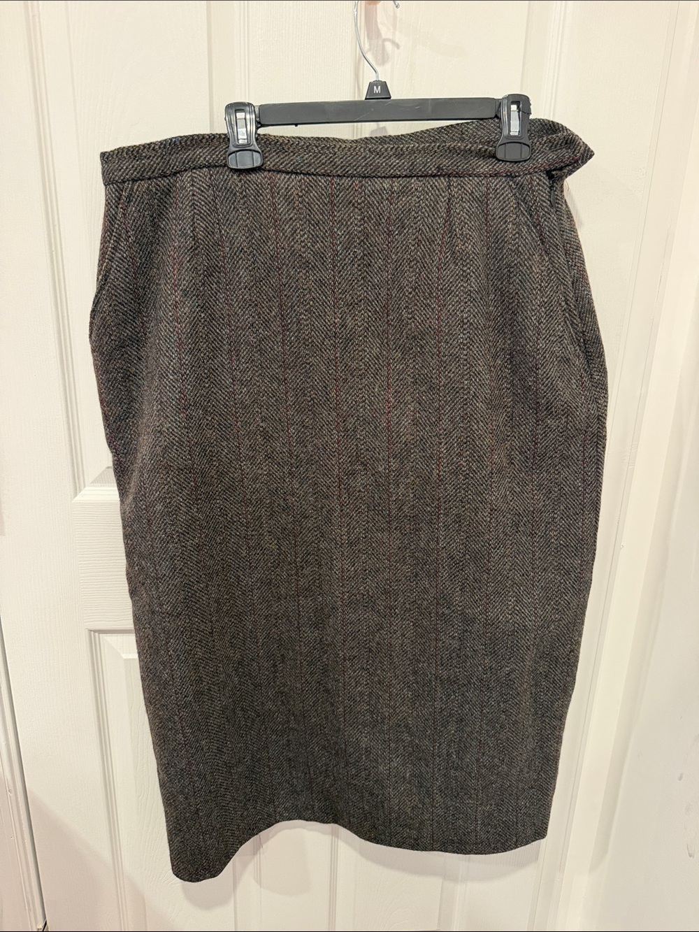 Vintage Harris Tweed Brown Herringbone Wool Pencil Skirt Midi Size 20